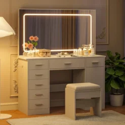 Vanity Desk With Large Mirror And Lights, Makeup Vanity With Charging Station, 3 Lighting Modes Adjustable Brightness -Home Decor Store GUEST 5dceda2f 2f36 45e7 9cd0 597399fab024