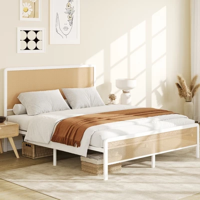 Full Size Rattan Bed Frame With Headboard, Modern Style Cane Boho Bed Frames With Heavy Duty Sturdy Steel Slat Support, No Box Spring Needed, White 9 Full Size Rattan Bed Frame With Headboard, Modern Style Cane Boho Bed Frames With Heavy Duty Sturdy Steel Slat Support, No Box Spring Needed, White - Image 9