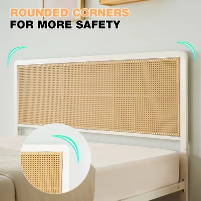 Full Size Rattan Bed Frame With Headboard, Modern Style Cane Boho Bed Frames With Heavy Duty Sturdy Steel Slat Support, No Box Spring Needed, White 4 Full Size Rattan Bed Frame With Headboard, Modern Style Cane Boho Bed Frames With Heavy Duty Sturdy Steel Slat Support, No Box Spring Needed, White - Image 4