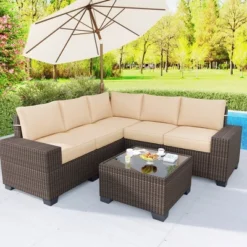 6 Pieces Outdoor Patio Furniture Set, Wicker Patio Conversation Set Sectional Sofa, Brown Patio Sofa With 5 Navy Blue Cushions And 1 Coffee Table -Home Decor Store GUEST 61c93cd2 9174 44bf bfab 96a19b851e0e