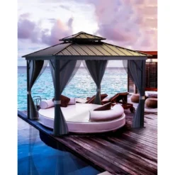 12'x12' Hardtop Gazebo For All Weather With Double Metal Roof, Aluminum Alloy Frame, Net, And Curtain; Perfect For Patio, Deck, And Backyard. Gray.