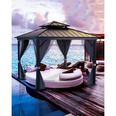 12'x12' Hardtop Gazebo For All Weather With Double Metal Roof, Aluminum Alloy Frame, Net, And Curtain; Perfect For Patio, Deck, And Backyard. Gray. 1 12'x12' Hardtop Gazebo For All Weather With Double Metal Roof, Aluminum Alloy Frame, Net, And Curtain; Perfect For Patio, Deck, And Backyard. Gray.