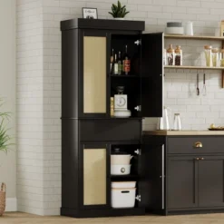 Kitchen Pantry Cabinet, Tall Storage Cabinet With Glass Doors And Adjustable Shelves, Freestanding Cupboard With Drawer For Bathroom, Dining Room, Living Room