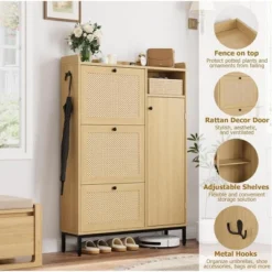 Rattan Shoe Storage Cabinet With 3 Flip Drawers, Shoe Cabinet Freestanding Shoe Organizer Cabinet With Adjustable Shelves, Shoe Cabinet Storage