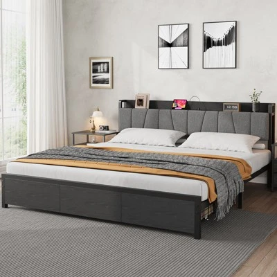 Whizmax King Size Bed Frame With Upholstered Headboard, Industrial King Platform Bed With 2 Storage Drawers And Charging Station, No Box Spring Needed 2 Whizmax King Size Bed Frame With Upholstered Headboard, Industrial King Platform Bed With 2 Storage Drawers And Charging Station, No Box Spring Needed - Image 2