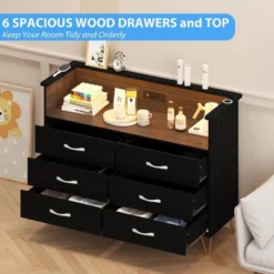 Dresser For Bedroom With LED Light & Charging Station, 6 Drawers Wooden Dressers With Open Space -Home Decor Store GUEST 6b2bfe0d 802b 4b69 8b82 76235125f8e0