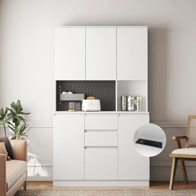74" Kitchen Pantry Cabinet With Charging Station, Freestanding Buffet Cupboards Sideboard With Drawer, Modern Pantry Cabinet With Microwave Stand 8 74" Kitchen Pantry Cabinet With Charging Station, Freestanding Buffet Cupboards Sideboard With Drawer, Modern Pantry Cabinet With Microwave Stand - Image 8