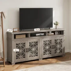 Farmhouse TV Stand For 80 Inch, Mid Century Entertainment Center With LED Lights, Wooden Media Cabinet With Glass Door For Living Room, Whitewash -Home Decor Store GUEST 6ea8df3b 41ac 4e39 b508 2ba1ea2b9061