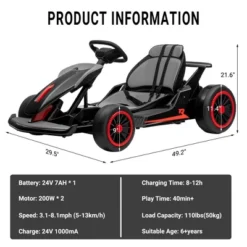 Go Kart For Kids, 24V Drift Kart With 2X200W Strong Motor, 7AH Big Battery, Electric Pedals