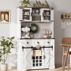 72" Kitchen Pantry Storage Cabinet With Hutch And Sliding Barn Door, Farmhouse Tall Buffet Cabinet With Drawers -Home Decor Store GUEST 7526c484 eaee 4b61 8802 b30e16cb834d