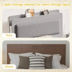 Twin Bed Frame With Upholstered Headboard And Storage – Wooden Platform Bed With 2 Drawers And 4 Open Shelves, Easy Assembly, Noise-Free, Grey -Home Decor Store GUEST 765799eb 05ba 4e38 84e0 41690f0dfece