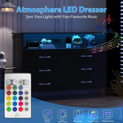 Dresser For Bedroom With Led Light & Charging Station, 6 Wooden Drawers Dressers With 2-Tier Open Shelves 2 Dresser For Bedroom With Led Light & Charging Station, 6 Wooden Drawers Dressers With 2-Tier Open Shelves - Image 2