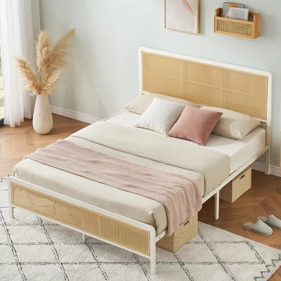 Full Size Rattan Bed Frame With Headboard, Modern Style Cane Boho Bed Frames With Heavy Duty Sturdy Steel Slat Support, No Box Spring Needed, White 2 Full Size Rattan Bed Frame With Headboard, Modern Style Cane Boho Bed Frames With Heavy Duty Sturdy Steel Slat Support, No Box Spring Needed, White - Image 2