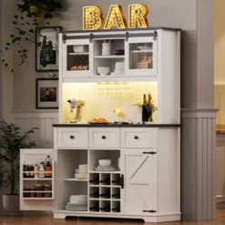71" Farmhosue Pantry Bar Cabinet With Internal Pegboard Storage Rack,Power Outlet,Kitchen Cabinet With Sliding Door,9 Wine & Glasses Rack,3 Drawers -Home Decor Store GUEST 7b24957b de9a 49c8 b226 953554c77e6e