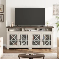 Farmhouse TV Stand For 80 Inch, Mid Century Entertainment Center With LED Lights, Wooden Media Cabinet With Glass Door For Living Room, Whitewash -Home Decor Store GUEST 7d7f0d13 90d5 40ac 9696 e1ec1ac73c5c