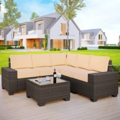 6 Pieces Outdoor Patio Furniture Set, Wicker Patio Conversation Set Sectional Sofa, Brown Patio Sofa With 5 Navy Blue Cushions And 1 Coffee Table -Home Decor Store GUEST 7f141edb 038e 4116 9438 c20a89af9ef3