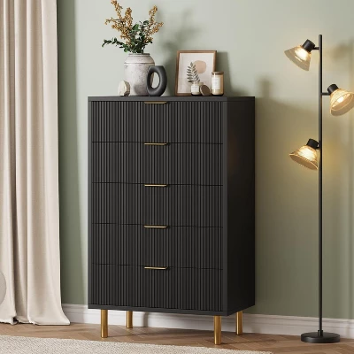 5 Drawer Fluted Wood Dresser For Bedroom, 29.5" Wide Large Modern Chest Of Drawers, White Dresser With Gold Handle, TV Stand 2 5 Drawer Fluted Wood Dresser For Bedroom, 29.5" Wide Large Modern Chest Of Drawers, White Dresser With Gold Handle, TV Stand - Image 2