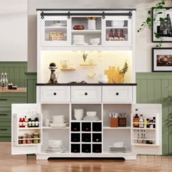 71" Farmhosue Pantry Bar Cabinet With Internal Pegboard Storage Rack,Power Outlet,Kitchen Cabinet With Sliding Door,9 Wine & Glasses Rack,3 Drawers -Home Decor Store GUEST 83148fb2 868a 45f2 92b7 80193bec5857