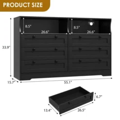 Dresser Chests Of Drawers, Wooden 6 Drawer Dresser For Bedroom With Led Light, 55" Wide Wood Dresser With Large Capacity Storage