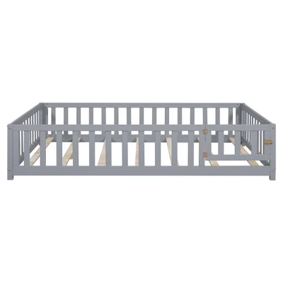 Toddler Floor Bed,Full Size Floor Bed With Safety Fence Guardrails And Slats, Wooden Floor Bed Frame With Door, No Box Spring Needed 2 Toddler Floor Bed,Full Size Floor Bed With Safety Fence Guardrails And Slats, Wooden Floor Bed Frame With Door, No Box Spring Needed - Image 2