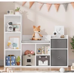 Kids Bookshelf Width Toy Storage Organizer With Reading Nook For Kids Room, Playroom, Nursery White Bookcase Seat Cushion