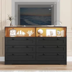 Dresser For Bedroom With Power Outlet, Modern 6 Drawer Dresser Wooden With LED Light, Large Capacity Storage Dressers Bedroom -Home Decor Store GUEST 8c46e12a 049c 4f34 ae04 daa6d97b367f