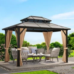 Whizmax 10x12ft Hardtop Gazebo, Aluminum Frame Pavilion With Curtains And Netting, Sunshade For Garden, Patio, Lawns (Brown) -Home Decor Store GUEST 8d1e6c04 6522 4452 a6b8 1f05e577291d