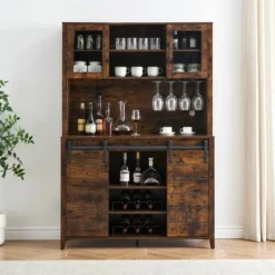 WhizMax 70" Farmhouse Coffee Bar Wine Cabinet With Sliding Barn Doors, Tall Kitchen Hutch With Wine & Glasses Rack, For Kitchen, Dining Room, Oak -Home Decor Store GUEST 8dd0e873 4652 4d80 b9d7 3b98cfbbd7a1