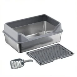 Stainless Steel Cat Litter Box, With High Sides, 4 Silent Anti-slip Pads, Double Layer Litter Mat And Scoop, Easy Clean, Large Enclosure Litter Box