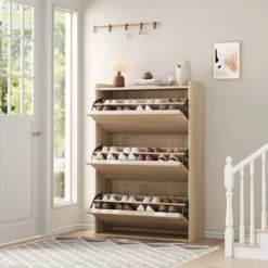 Shoe Cabinet With 3 Flip Drawers, Shoe Storage For Entryway, Wooden Shoe Organizer Cabinet, Hidden Shoe Rack For Hallway, Living Room, Natural