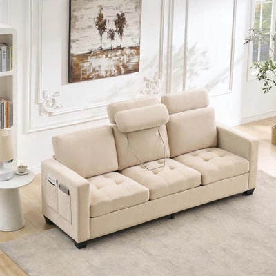 3 Seat Sofa Couch, 89'' Chenille Fabric Upholstered Sofa With Wide Armrest, Comfy Couches With Side Storage Pockets For Living Room, Bedroom 2 3 Seat Sofa Couch, 89'' Chenille Fabric Upholstered Sofa With Wide Armrest, Comfy Couches With Side Storage Pockets For Living Room, Bedroom - Image 2