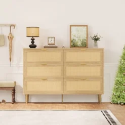 WhizMax Rattan 6 Drawer Dresser, Wooden Chest Of Drawers With Metal Legs And Handles, Wide Double Drawer Dresser For Bedroom, Living Room, Natural -Home Decor Store GUEST 96de52de cfdc 4581 95d1 94120211da99