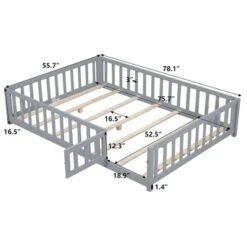 Toddler Floor Bed,Full Size Floor Bed With Safety Fence Guardrails And Slats, Wooden Floor Bed Frame With Door, No Box Spring Needed