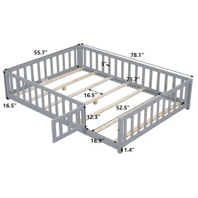 Toddler Floor Bed,Full Size Floor Bed With Safety Fence Guardrails And Slats, Wooden Floor Bed Frame With Door, No Box Spring Needed 1 Toddler Floor Bed,Full Size Floor Bed With Safety Fence Guardrails And Slats, Wooden Floor Bed Frame With Door, No Box Spring Needed