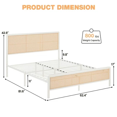 Full Size Rattan Bed Frame With Headboard, Modern Style Cane Boho Bed Frames With Heavy Duty Sturdy Steel Slat Support, No Box Spring Needed, White 1 Full Size Rattan Bed Frame With Headboard, Modern Style Cane Boho Bed Frames With Heavy Duty Sturdy Steel Slat Support, No Box Spring Needed, White