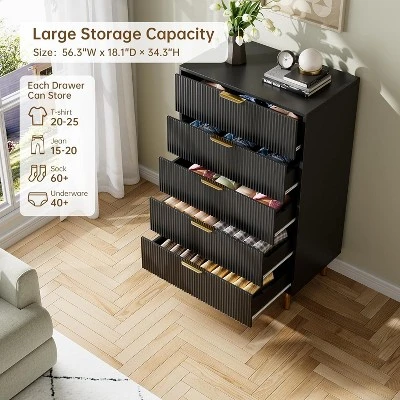 5 Drawer Fluted Wood Dresser For Bedroom, 29.5" Wide Large Modern Chest Of Drawers, White Dresser With Gold Handle, TV Stand 5 5 Drawer Fluted Wood Dresser For Bedroom, 29.5" Wide Large Modern Chest Of Drawers, White Dresser With Gold Handle, TV Stand - Image 5