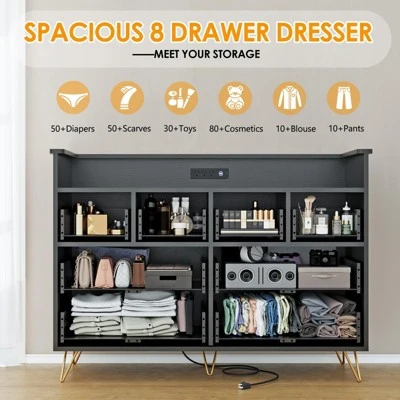 Dresser For Bedroom With LED Light & Power Outet, 8 Drawers Wooden Dressers With Open Space, Modern Chest Of Wide Drawers 3 Dresser For Bedroom With LED Light & Power Outet, 8 Drawers Wooden Dressers With Open Space, Modern Chest Of Wide Drawers - Image 3