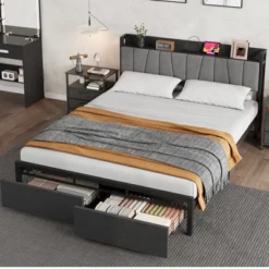 Whizmax Queen Size Bed Frame With Upholstered Headboard, Industrial Queen Platform Bed With 2 Storage Drawer And Charging Station No Box Spring Needed