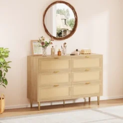 WhizMax Rattan 6 Drawer Dresser, Wooden Chest Of Drawers With Metal Legs And Handles, Wide Double Drawer Dresser For Bedroom, Living Room, Natural -Home Decor Store GUEST 9c5cb882 dcd1 44d9 ab30 9126eca135b2