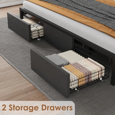 Whizmax King Size Bed Frame With Upholstered Headboard, Industrial King Platform Bed With 2 Storage Drawers And Charging Station, No Box Spring Needed 4 Whizmax King Size Bed Frame With Upholstered Headboard, Industrial King Platform Bed With 2 Storage Drawers And Charging Station, No Box Spring Needed - Image 4