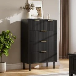 Fluted 5 Drawer Dresser For Bedroom, Modern Wood Chest Of Drawers With Wide Drawers