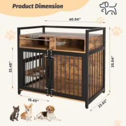 Dog Crate Furniture, Large Dog Cage For Large/Medium Dog, 48 Inch Dog Kennel With Adjustable Raised Feeders, Indoor Heavy Duty Metal Dog Crate