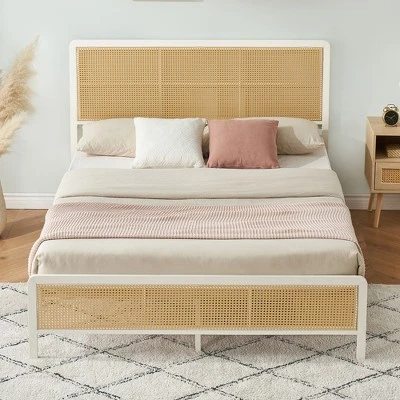 Full Size Rattan Bed Frame With Headboard, Modern Style Cane Boho Bed Frames With Heavy Duty Sturdy Steel Slat Support, No Box Spring Needed, White 3 Full Size Rattan Bed Frame With Headboard, Modern Style Cane Boho Bed Frames With Heavy Duty Sturdy Steel Slat Support, No Box Spring Needed, White - Image 3