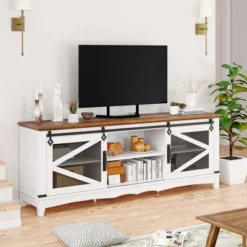 65" Modern Farmhouse TV Stand - White Entertainment Center For Up To 75" TVs With Sliding Barn Doors, Storage, And Adjustable Shelves -Home Decor Store GUEST a073af9c f67a 43cf abb7 dd6b38207135