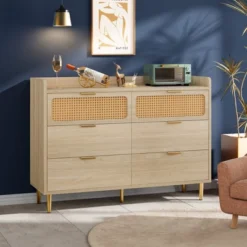 6 Drawer Rattan Dresser With Railed Edge, Modern Double Dresser With Metal Legs And Gold Handles, Farmhouse Wood Storage Chest Of Drawers For Bedroom And Nursery -Home Decor Store GUEST a4dfa11a b507 408c a180 79150cae7d42