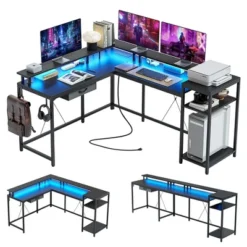 68" L Shaped Gaming Desk, Computer Desk With Power Outlets & LED Lights, Home Office Desk With File Drawer -Home Decor Store GUEST a7245a46 0e94 48da a954 e91fe0ab2bad