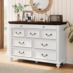 47" Farmhouse Dresser For Bedroom With 9 Drawers, Rustic Wood Chest With Vintage Metal Handles For Bedroom -Home Decor Store GUEST a8faa1b5 2055 494b 8854 2ada26200036