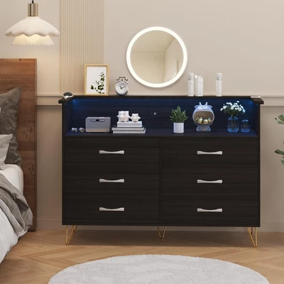 Dresser For Bedroom With Led Light & Charging Station, 6 Wooden Drawers Dressers With 2-Tier Open Shelves 5 Dresser For Bedroom With Led Light & Charging Station, 6 Wooden Drawers Dressers With 2-Tier Open Shelves - Image 5