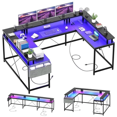 U Shaped Desk, 126 Inch Gaming Desk With Monitor Stand And LED Lights 1 U Shaped Desk, 126 Inch Gaming Desk With Monitor Stand And LED Lights