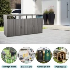 Outdoor Garbage Bin Shed For 3 Trash Cans, Stainless Galvanized Steel Bin Shed W/Lifting Lids Lockable Doors, Ventilated Storage Shed For Garden Yard -Home Decor Store GUEST ae821686 d2bd 49ef ad26 b3957389e4a0